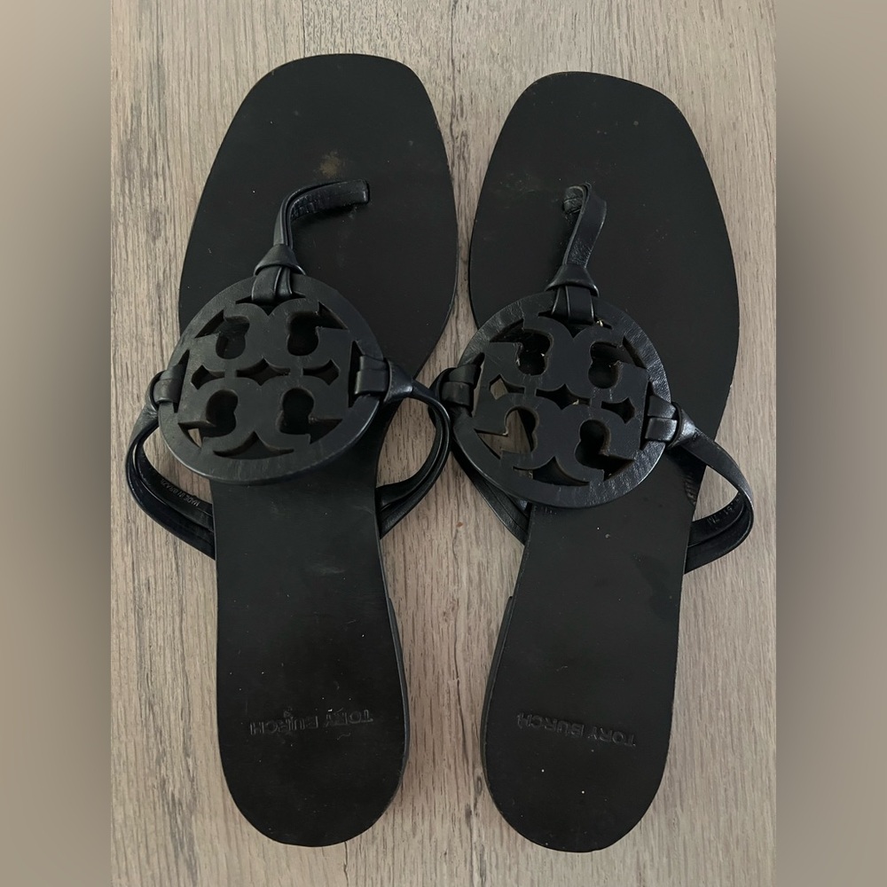 TORY BURCH Miller Square Toe Flat Leather Sandals in Black Size 7